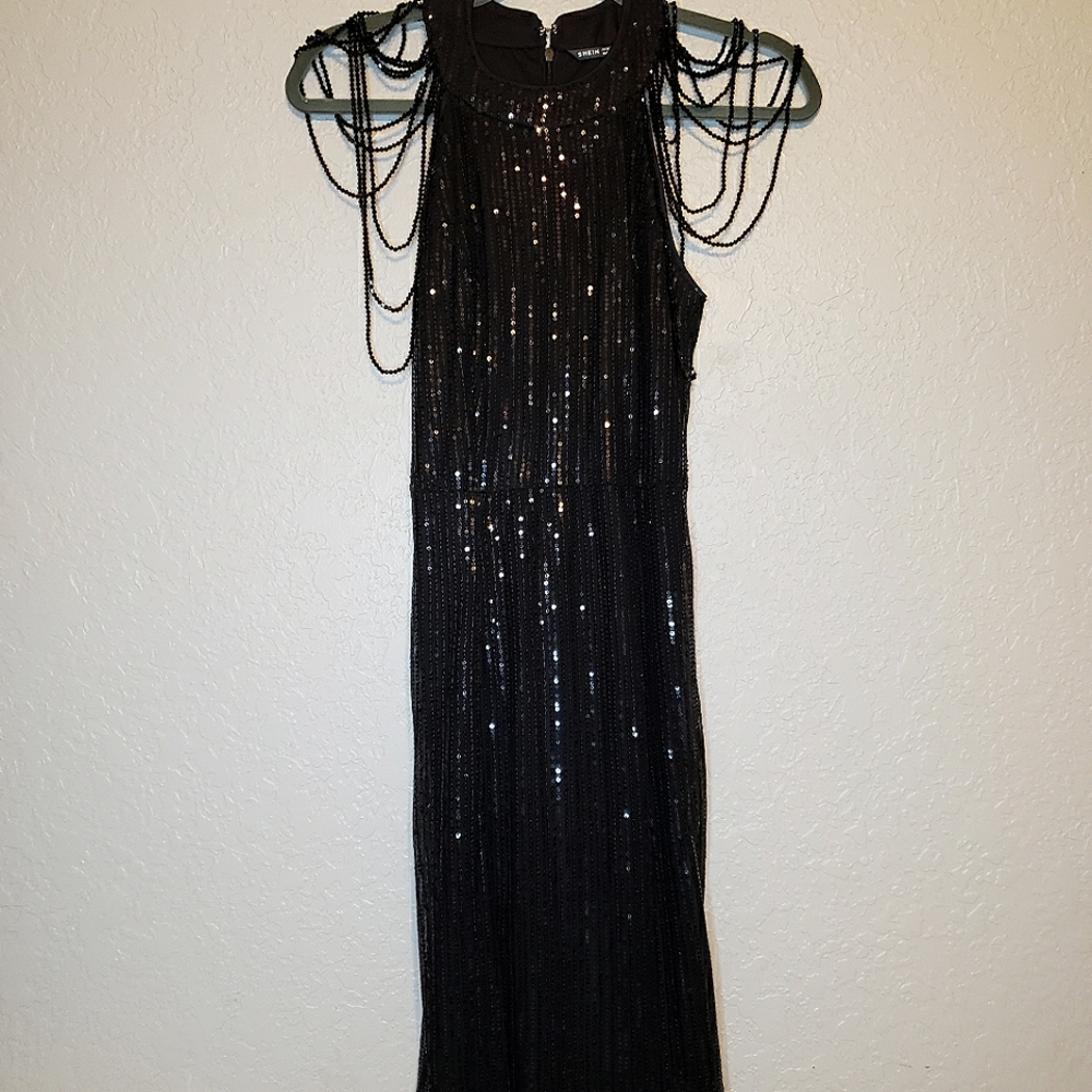 Black sequin dress with beaded shoulders from Shein